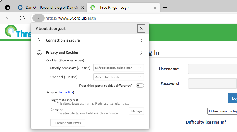 Fabricated screenshot from Microsoft Edge, browsing 3r.org.uk: a "privacy" icon in the address bar has been clicked, and the resulting menu says: About 3r.org.uk. Connection is secure (with link for more info). Privacy and Cookies (with link for more info). Cookies (3 cookies in use) - Strictly necessary (2 in use), dropdown menu set to "Default (accept, delete later)"; Optional (1 in use), dropdown menu set to "Accept for this site". Checkbox for "Treat third-party cookies differently?", unchecked. Privacy (link to full policy): Legitimate interest - this site collects username, IP address, technical logs...; Consenmt - this site collects email address, phone number... Button to manage content. Button to "Exercise data rights".
