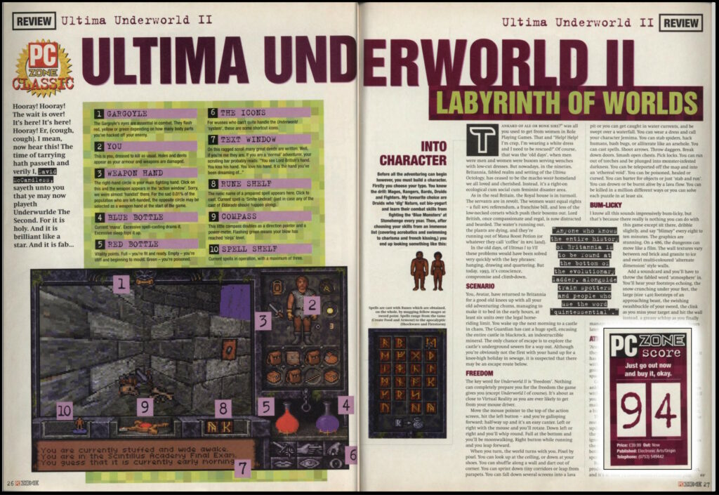 Composite of PC Zone's review of Ultima Underworld II, overlaid with their final score: "94%: Just go out now and buy it, okay."