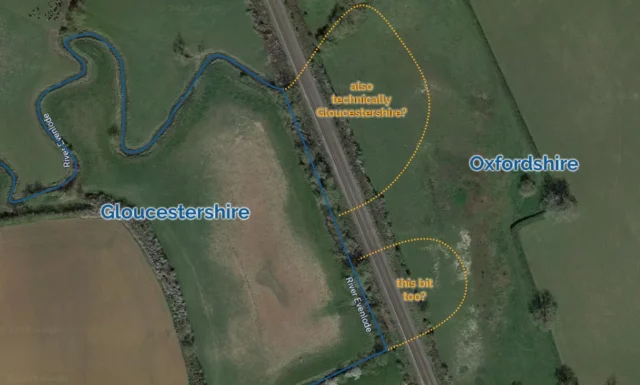 Map showing the border between Gloucestershire and Oxfordshire as defined by the original path of the River Evenlode near Kingham, but the Evenlode has been redirected as part of the construction of the railway, putting two small bits of Gloucestershire on the "wrong side" of the river.
