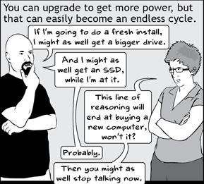 Frame from the Basic Instructions comic "How to Justify Upgrading Your Computer"; click for full comic