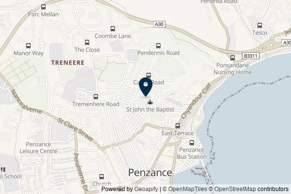 Map showing the area around: Dan Q found GC6VW0J Church Micro 10073…Penzance -St John the Baptist