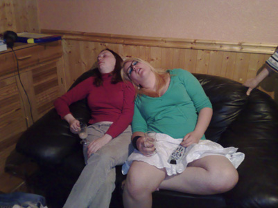 Claire and Becky, exhausted