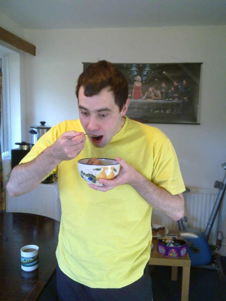 The following morning, Matt eats a breakfast of muffins... and milk???