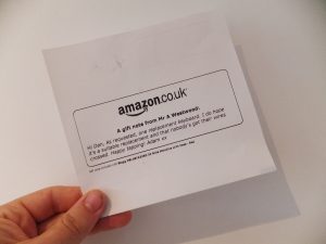 A gift note from Mr. A Westwood: Hi Dan, As requested, one replacement keyboard. I do hope that it's a suitable replacement and that nobody's got their wires crossed. Happy tapping! Adam xx