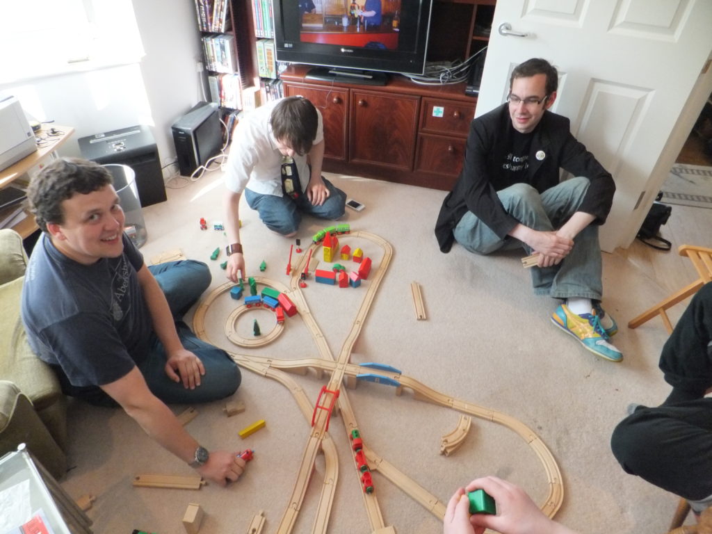 Gareth, Rory and Adam put the finishing touches on their (second) wooden railway layout.