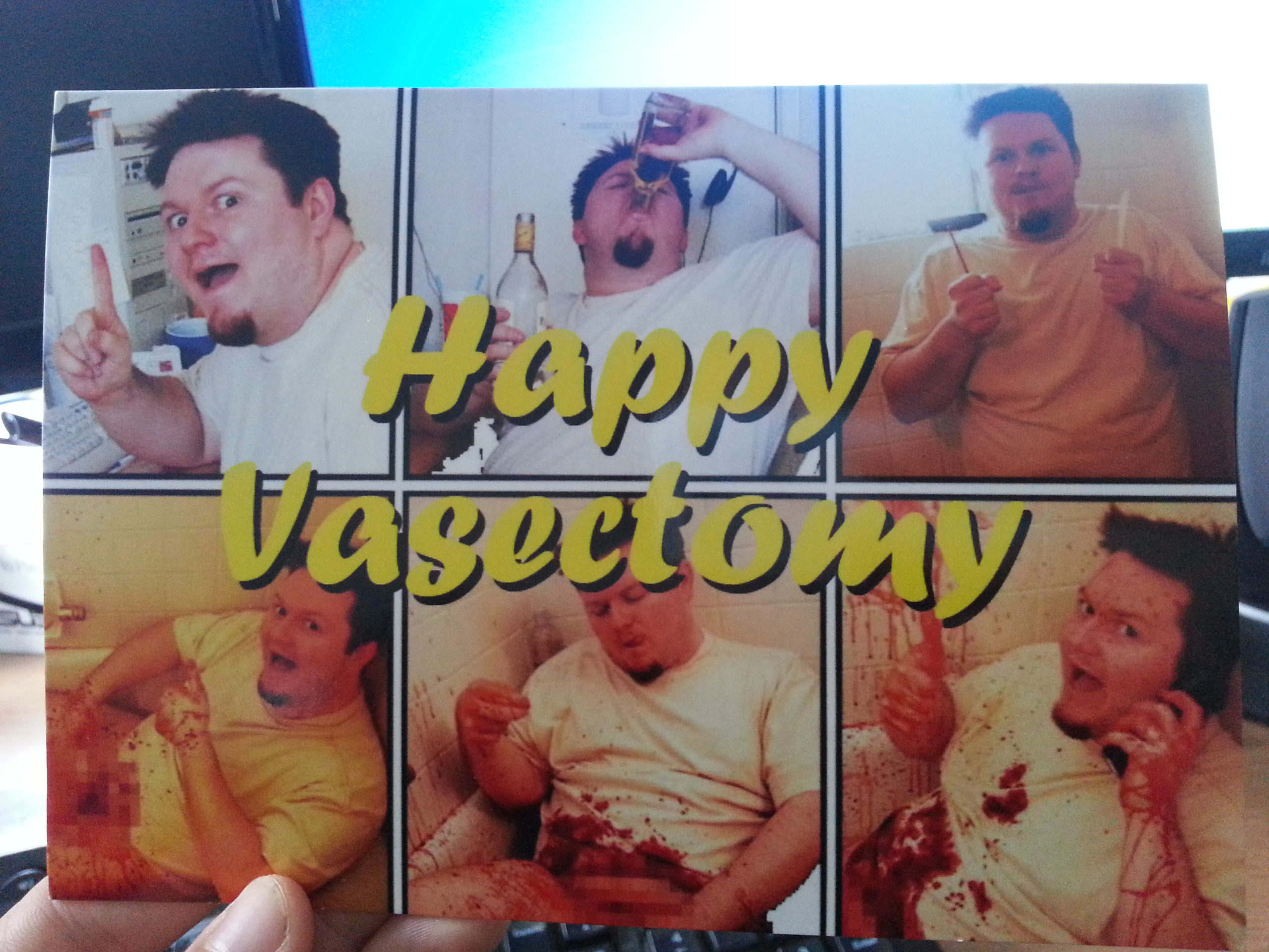 "Happy Vasectomy" card from Liz and Simon