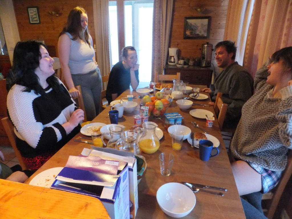 Ruth joins Becky, Harriet, Owen and Cat at the chalet's dining table.