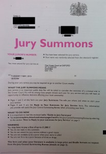 My Jury Summons, showing my juror number and instructions on what a Jury Summons means. Parts are censored to protect my address and details that could make it possible for somebody to impersonate me as a juror.