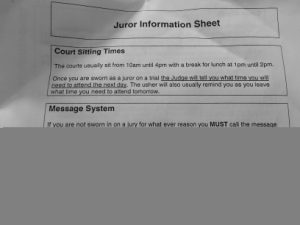 Juror information sheet, providing details of court sitting times and the juror message system.