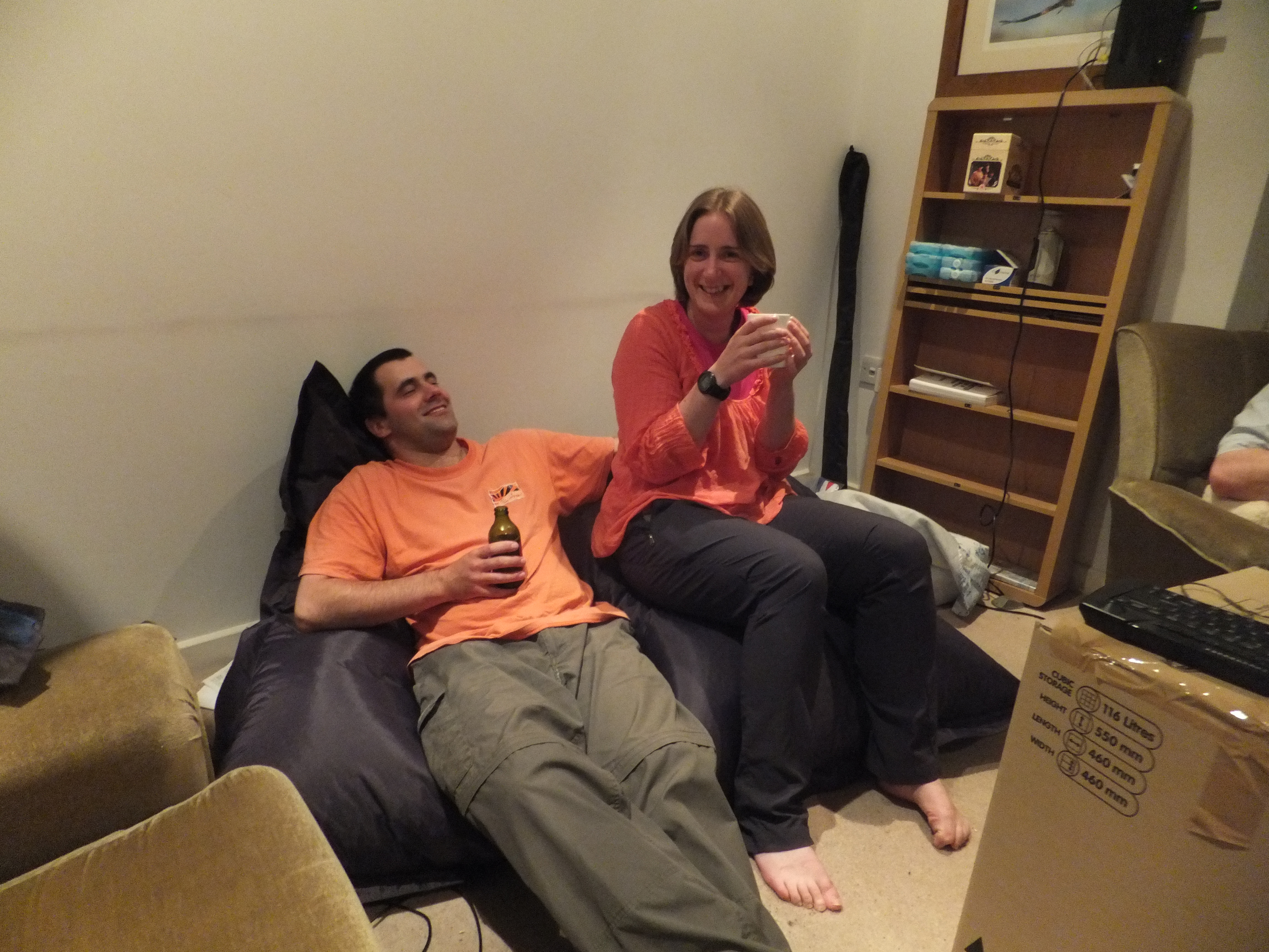 Matt and Susan on a bean bag as we rest at the end of the first day's moving.