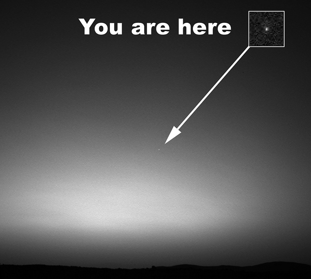 "You are here" pointing to Earth as seen by Spirit rover