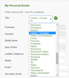 Scottish Power's "Title" options. Showing: Mayoress, Monsignor, Mother, Owner/Occupier, Police Comissioner, Prince, Princess, Professor, Rabbi, Reverend, Reverend Father, Reverend Mother, Sergeant, Sheikh, Sir, Sister, Viscount, Viscountess, Wing Commander, Abbot...