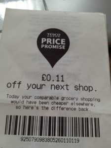 Tesco Price Promise voucher worth 11p off my next shop.