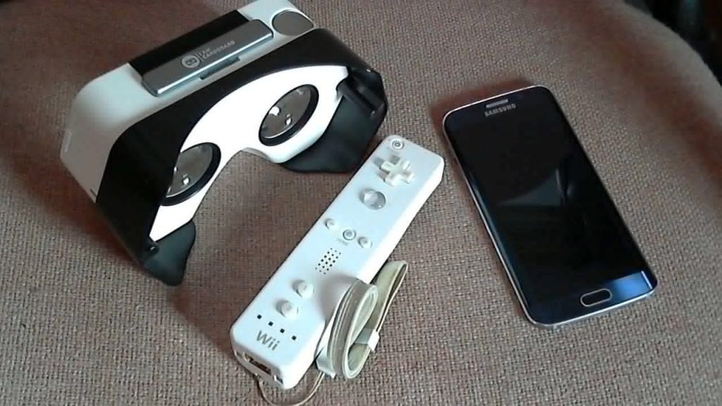 An I Am Cardboard, a Samsung Galaxy S6, and a Nintendo Wii Remote