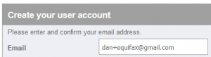 The email address dan+equifax@gmail.com being entered into a form.