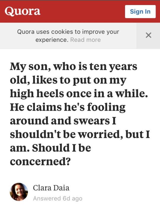 Quora question about a 10-year-old boy wearing high heels, with a brilliant answer