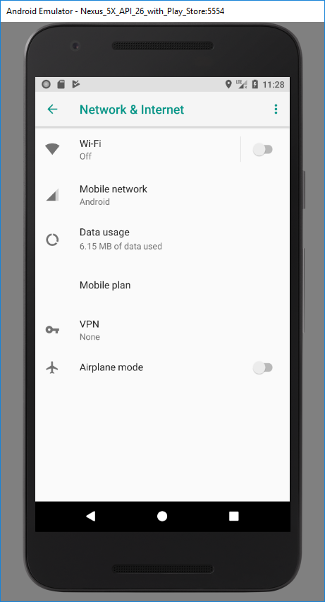 Android emulator showing network settings