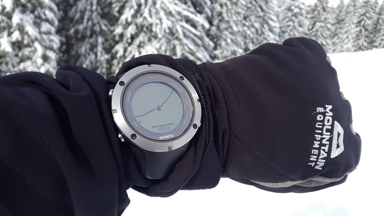 Wrist-mounted GPS in the snow.