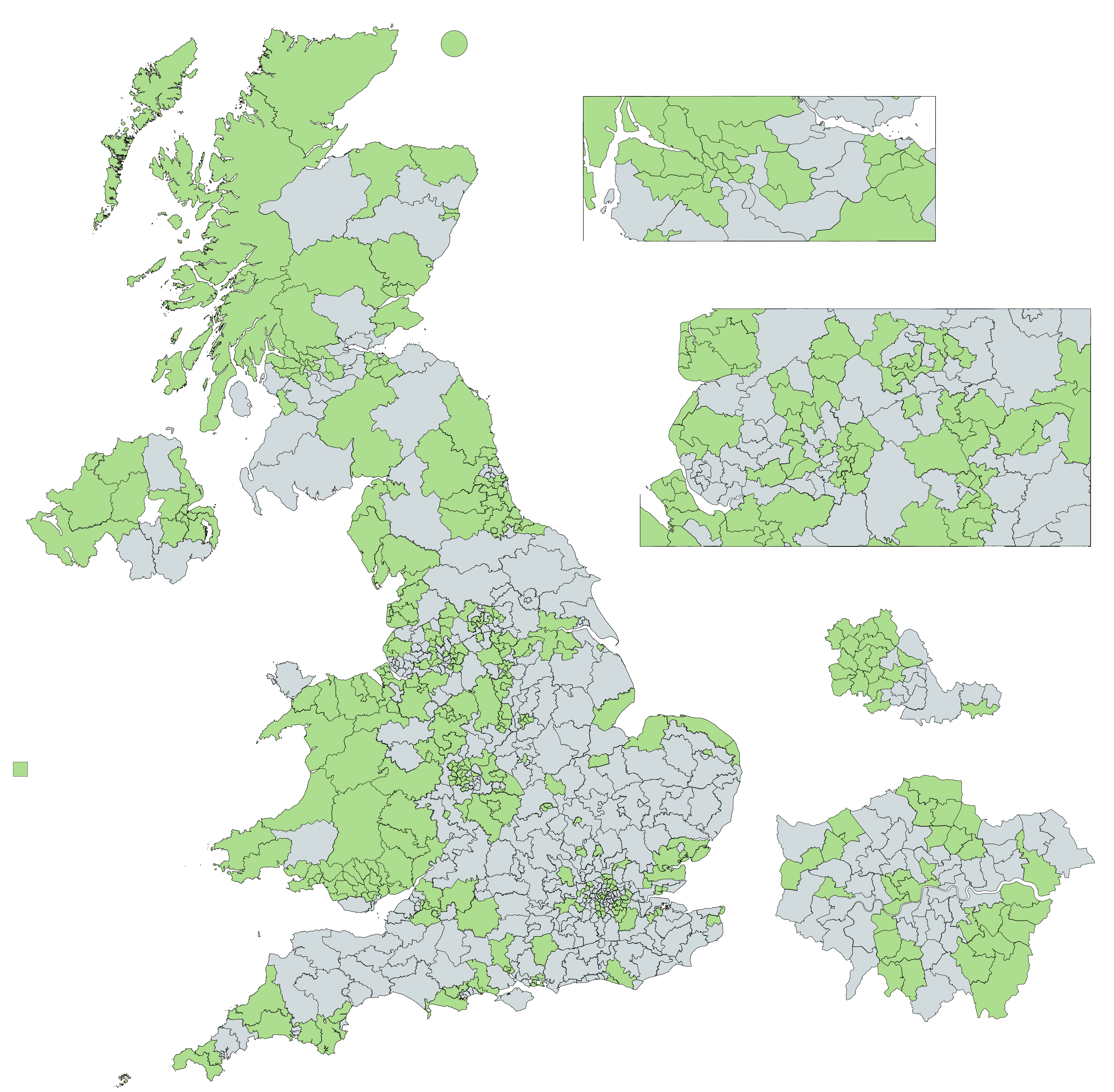 Map showing the 326 UK constituencies with the smallest electorate size