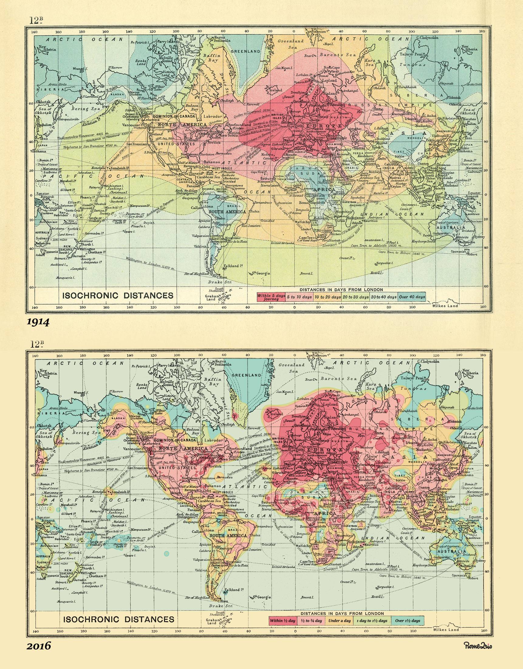 Isochronic map of world travel from London in 1914 and 2016.