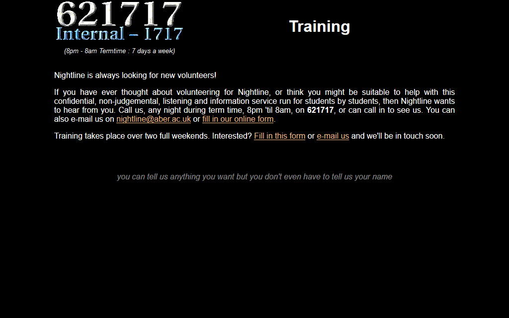 Training page from the Aberystwyth Nightline website, circa 2004