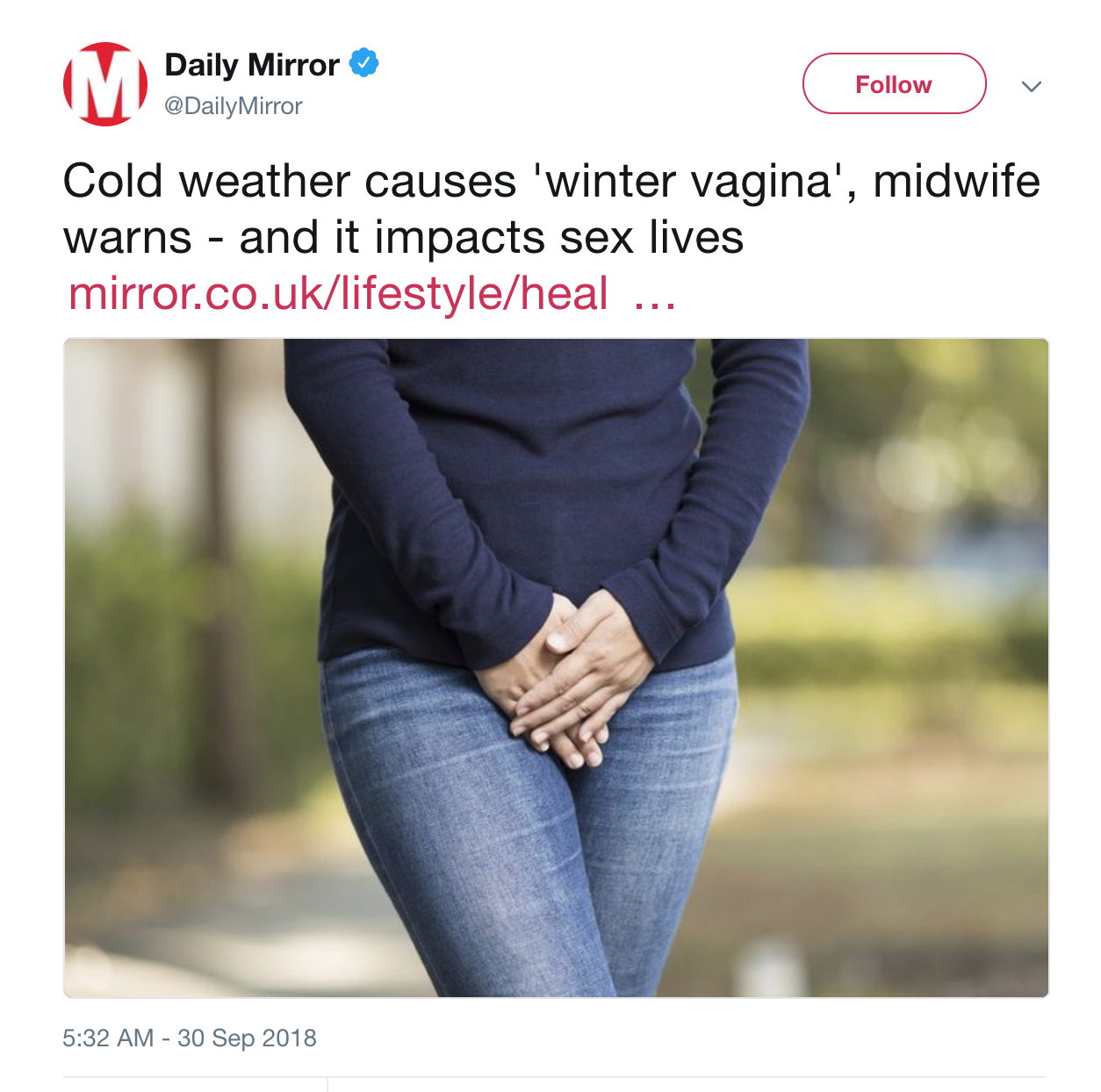Daily Mirror tweet claiming that "winter vagina" is a thing, and how to deal with it.