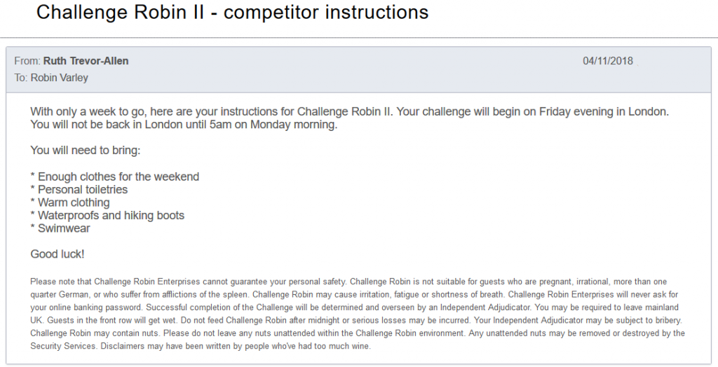 Ruth's email inviting Robin to Challenge Robin II