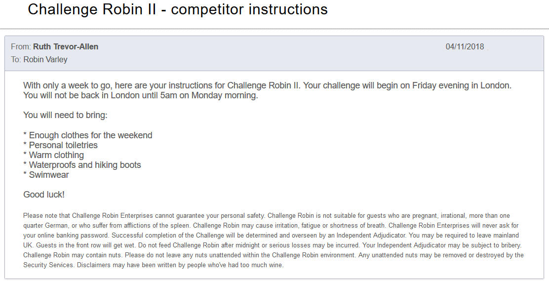 Ruth's email inviting Robin to Challenge Robin II