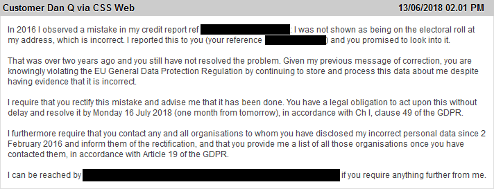 My message instructing Equifax to fix their damn data about me.