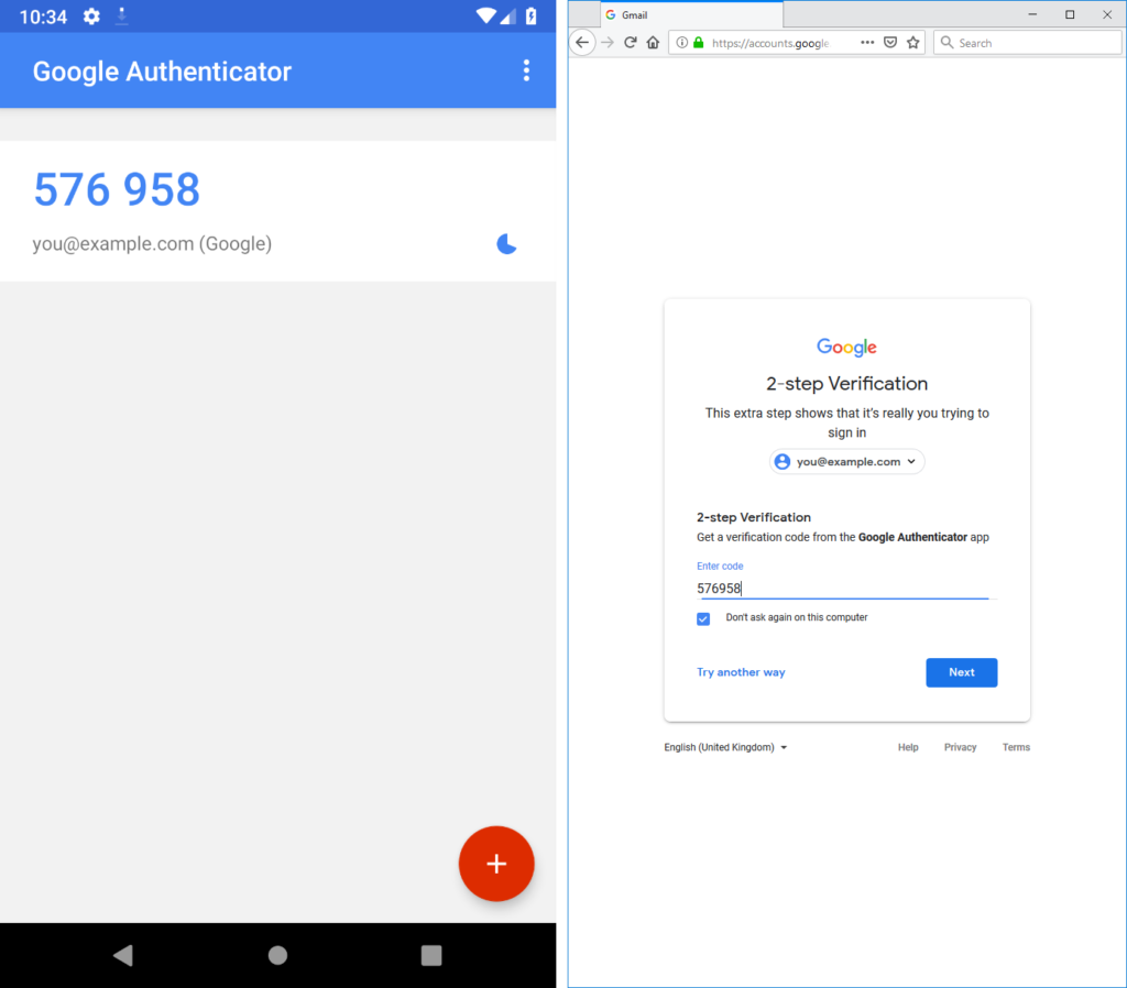 Two factor authentication using Google Authenticator (TOTP) to log in to a Google Account