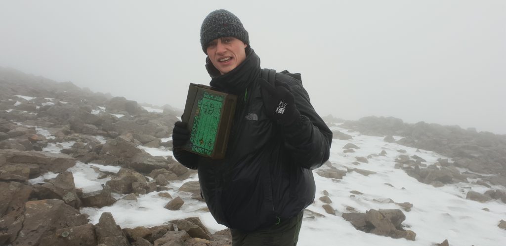 Robin with the GCG6XD, the Ben Nevis summit geocache