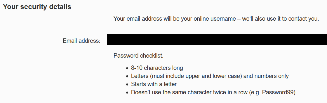 Virgin Media password form, requiring 8-10 characters