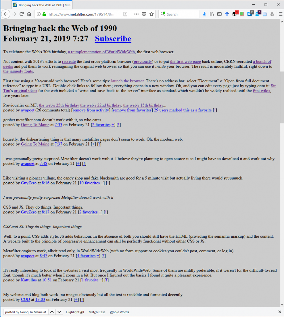 MetaFilter in Firefox (with CSS and JS disabled)