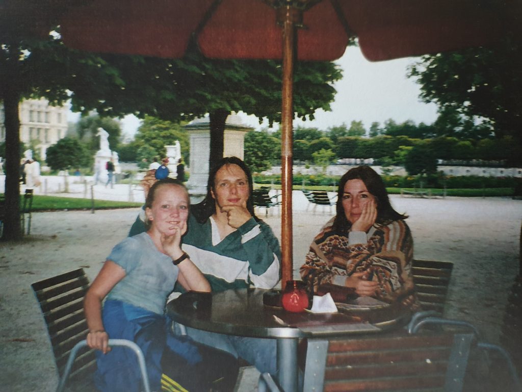 Dan with his sister and his mother in a Paris cafe, in advance of the August 1999 solar eclipse.