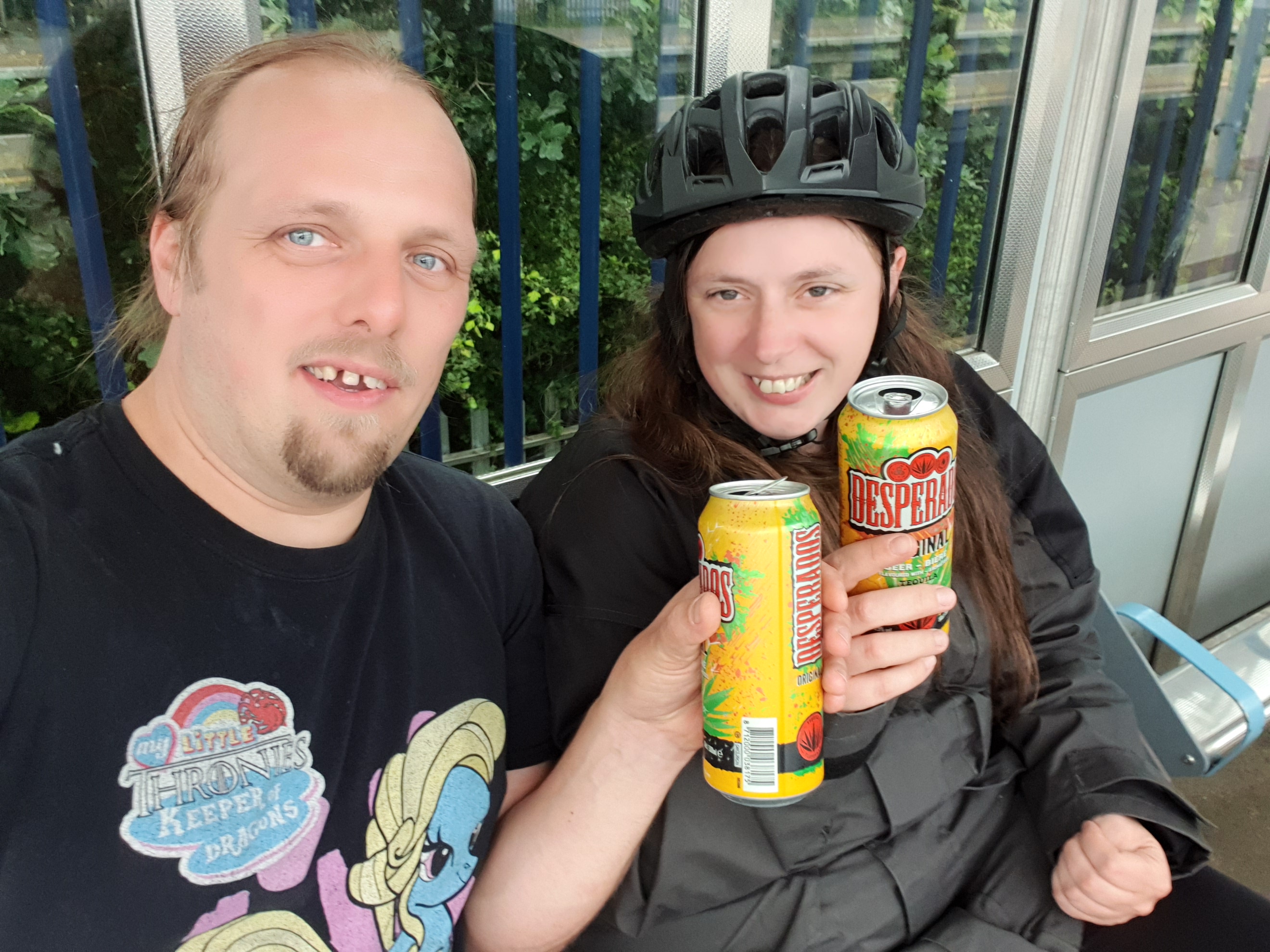 Dan and Ruth drink Desperados on Oxford Parkway Railway Station.