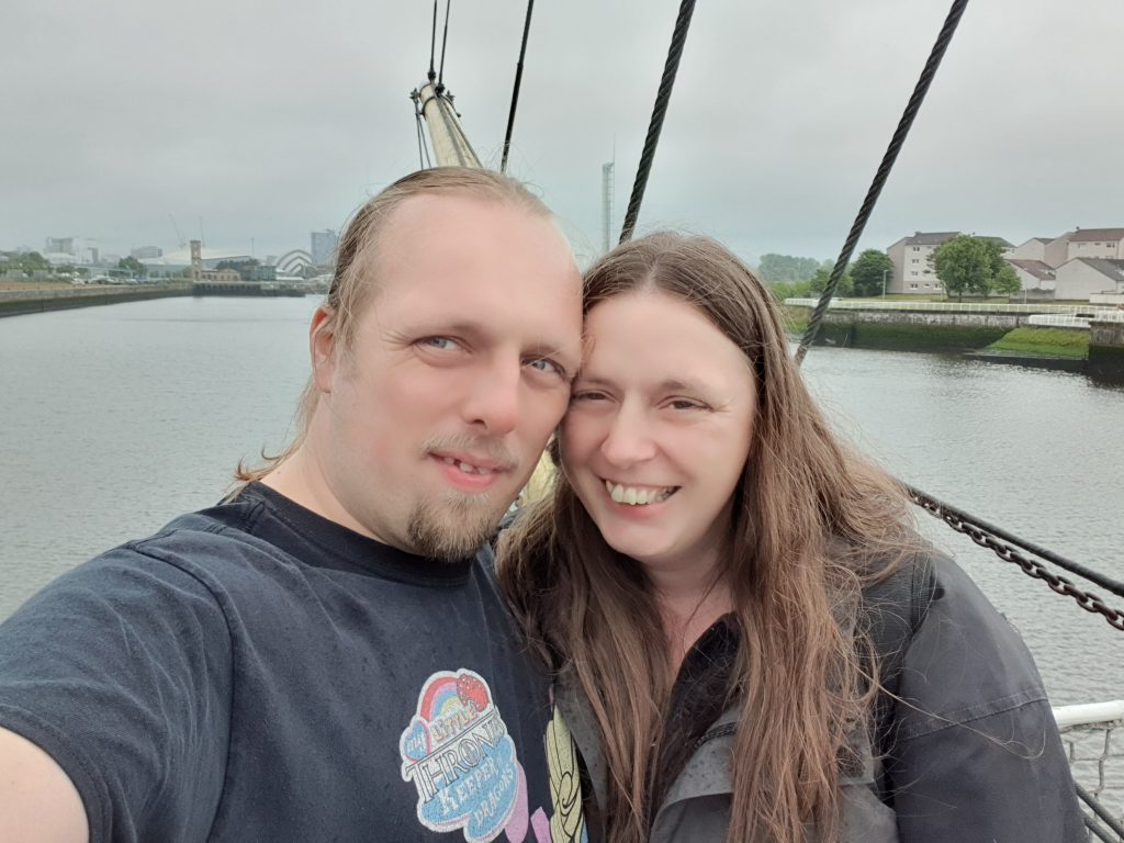 Dan and Ruth, windswept and wet, aboard the Glenlee in Glasgow.