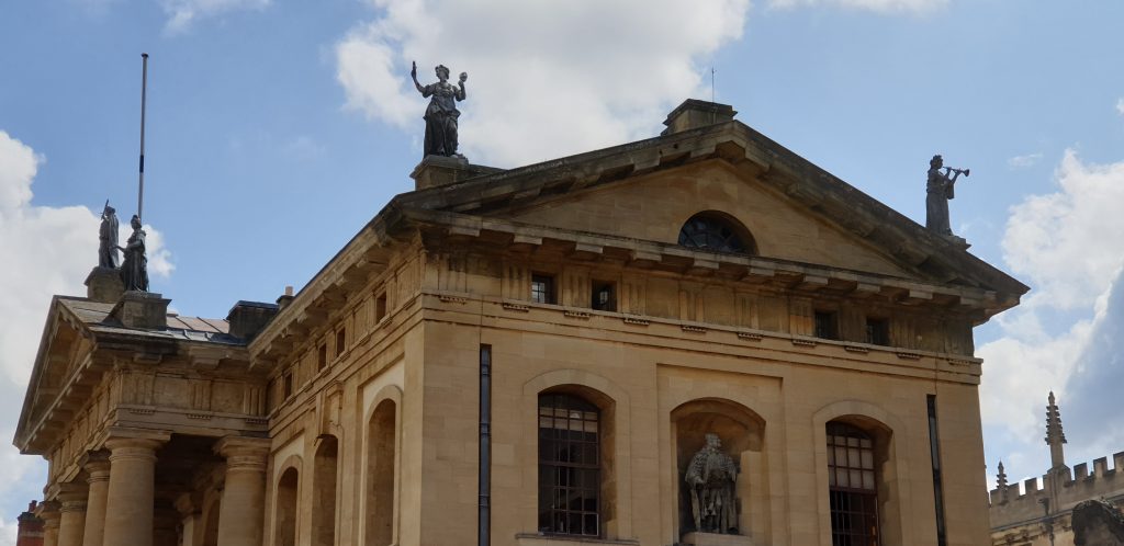 Roof of the Clarenon Building, Broad Street, University of Oxford, showing the Muses.