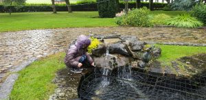 Annabel prods moss on the fountain.
