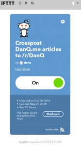 IFTTT recipe pushing articles to Reddit