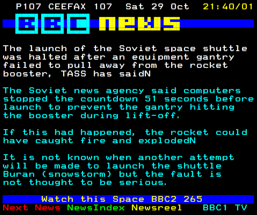 Ceefax news article from 29 October 1988, about a cancelled Soviet shuttle launch.