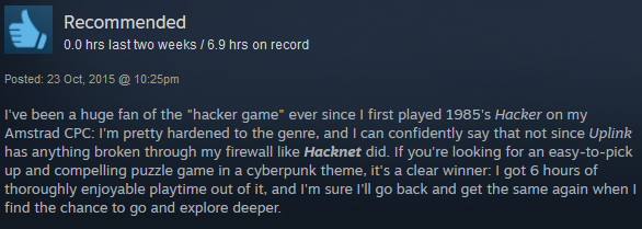 Steam review for Hacknet