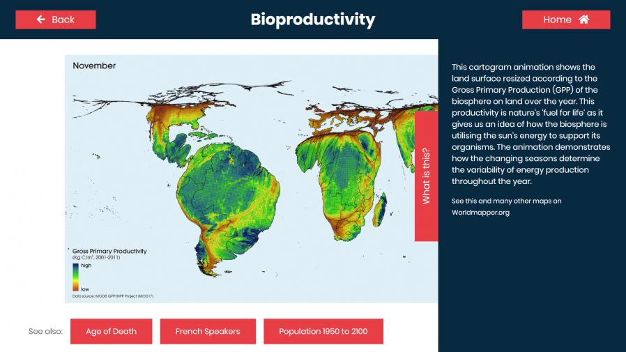 "Talking Maps" exhibition panel showing bioproductivity map.