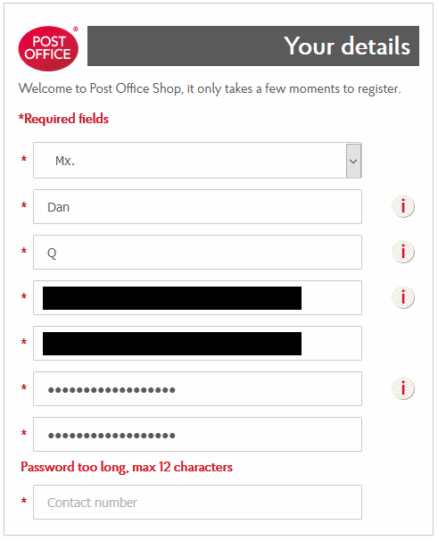 Post Office account signup form showing error message: "Password too long, max 12 characters"