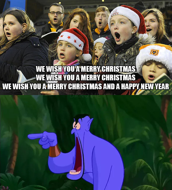 Comic: carollers sing "We wish you a Merry Christmas" three times, the genie from Disney's Aladdin looks on in shock.