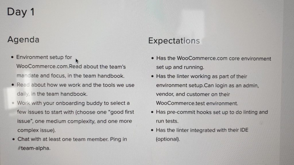 Agenda and Expectations Checklist for Dan's first day at Automattic