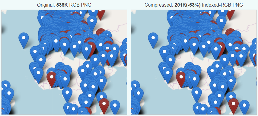Image compression comparison for the map image. Before: 536K, after: 201K (-63%).