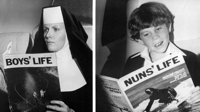 A nun reading Boy's Life and a boy reading Nun's Life