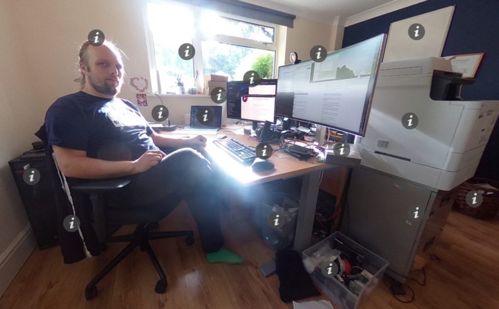 Dan in his home office (links to an interactive 360° panoramic photo with info points).