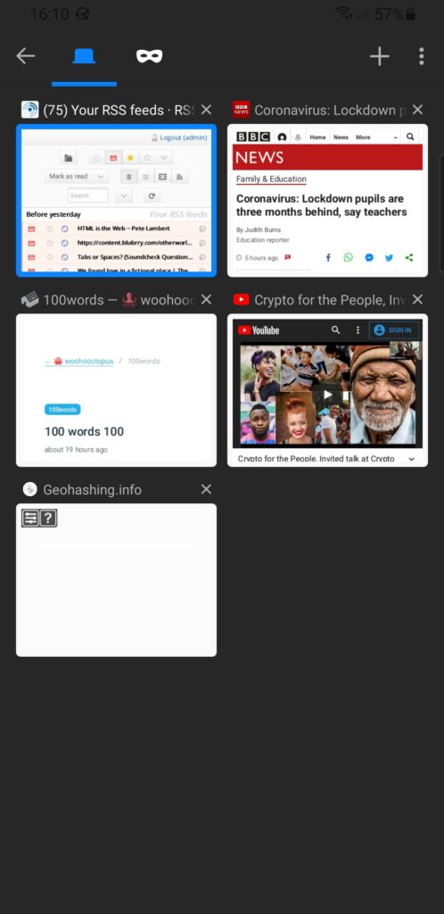 Fennec F-Droid (showing Firefox for Android's old interface) has the "add tab" button right at the top, on the toolbar. It also uses a "tiled" layout for the tabs with the oldest first, rather than a list view with the oldest last.