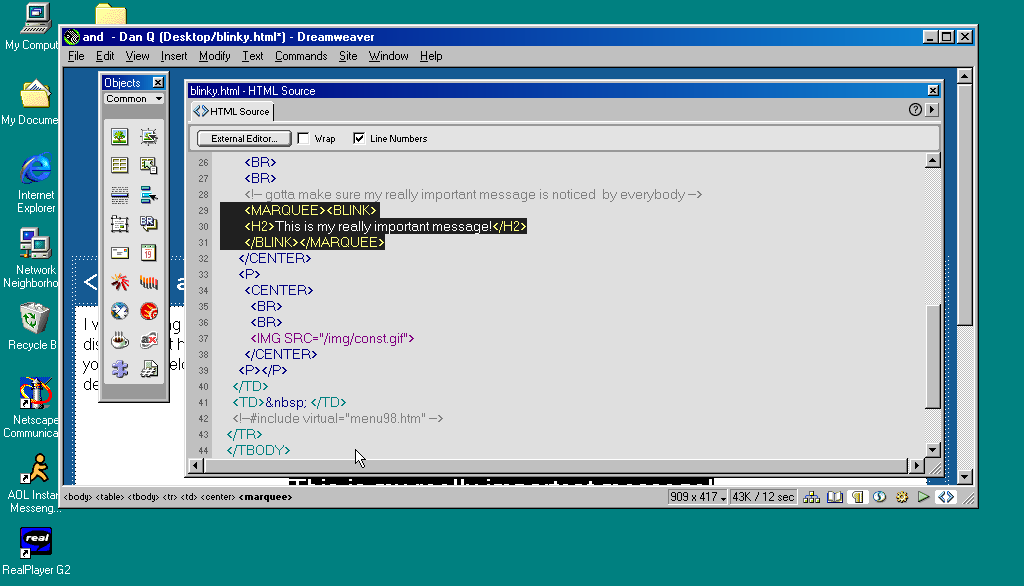 Macromedia Dreamweaver 3 code editor window showing a <h2> heading wrapped in <marquee> and <blink> tags, for emphasis.